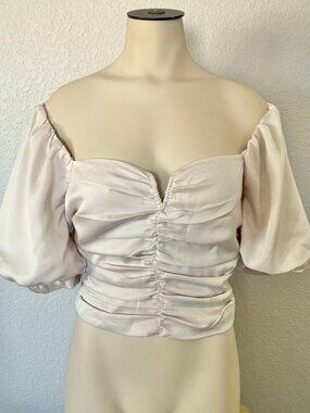 Lush Cropped Silky Top Off Shoulder Small Puff Sleeve Champange Beige NWT